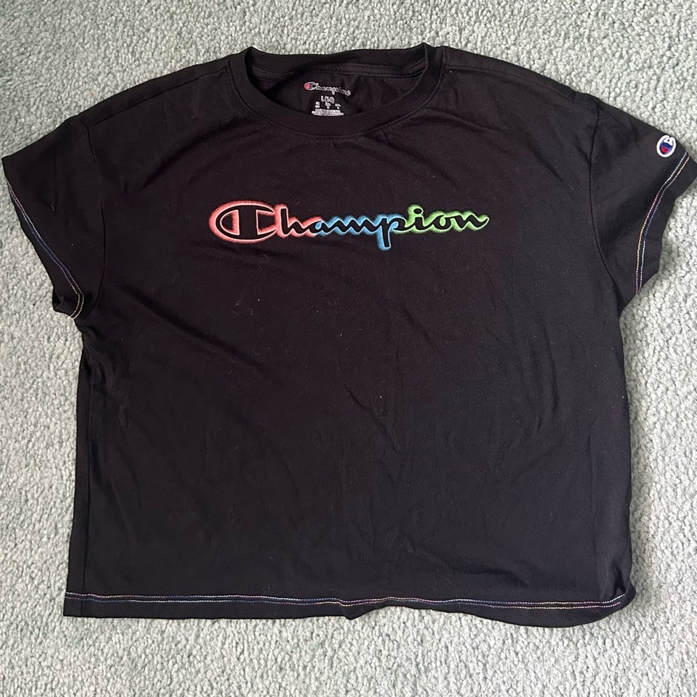 Champion Black Tee with Vibrant Logo